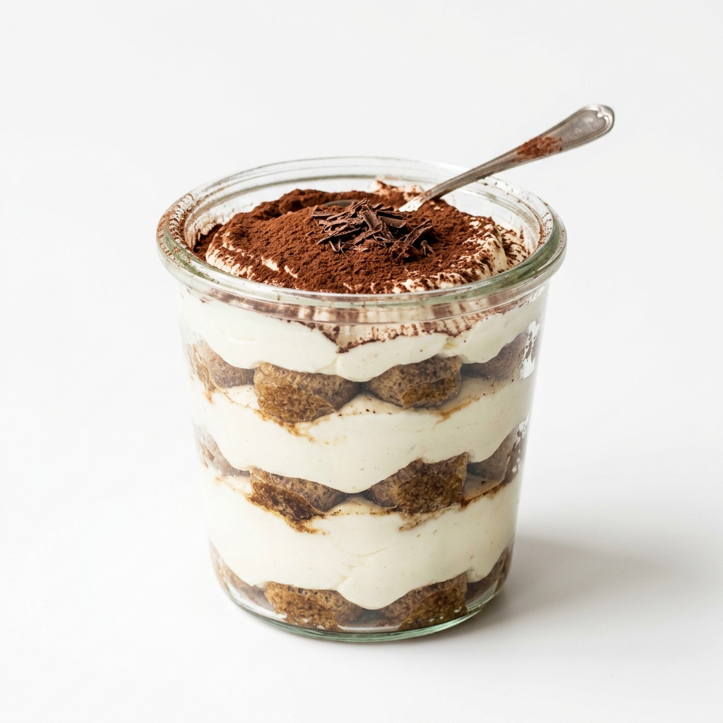 An open glass of classic tiramisu with cocoa and a spoon